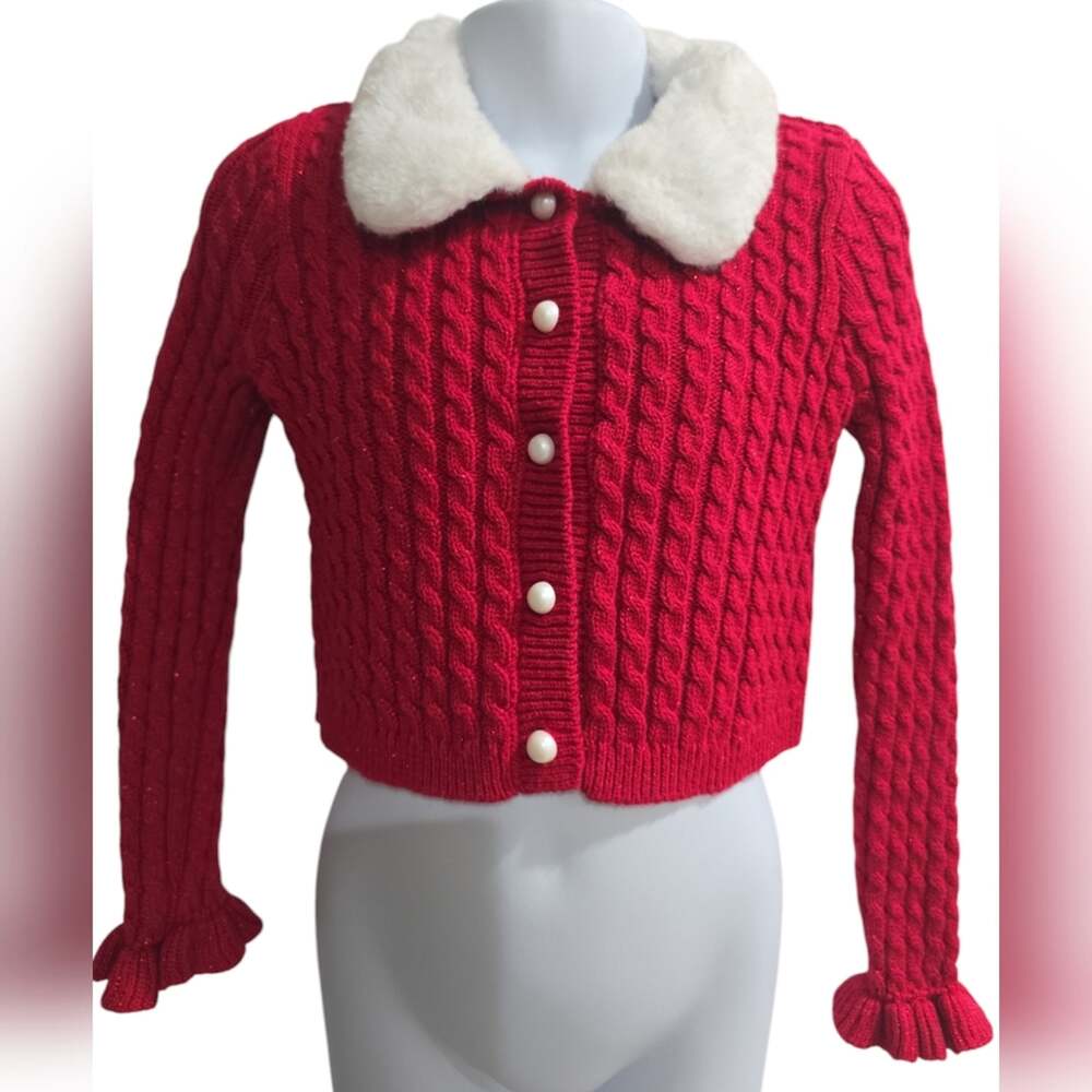 Tahari Red Cable Sweater With Faux Fur Collar